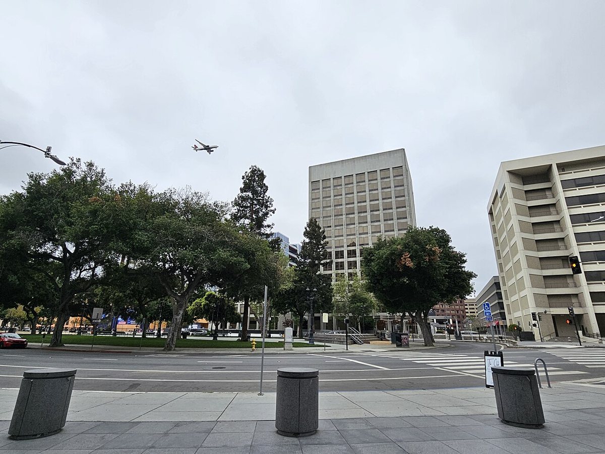 the downtown greenery of Plaza de Cesar Chavez ringed by high-rises