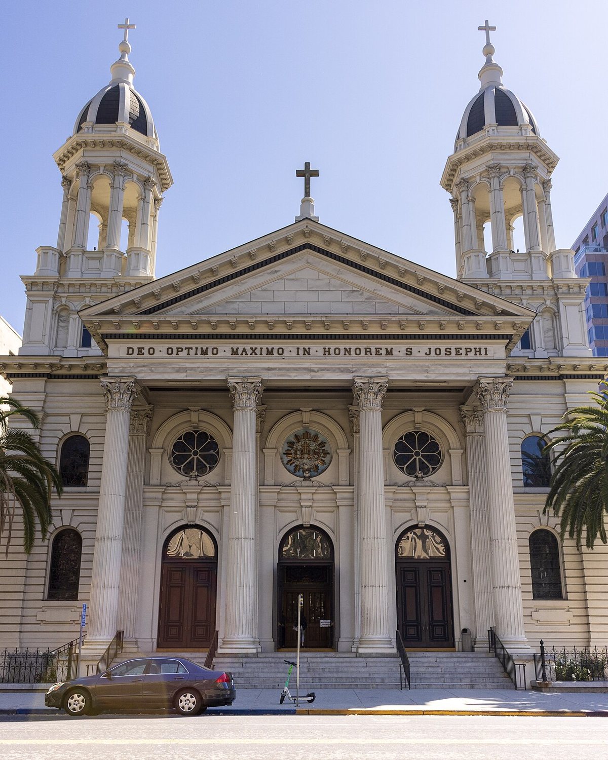 the twin-towered facade of the Cathedral Basilica of St. Joseph downtown
