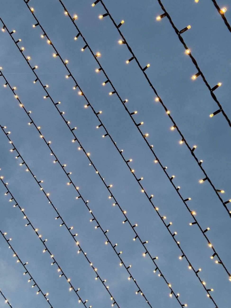string lights strung above the Santana Row promenade at night
